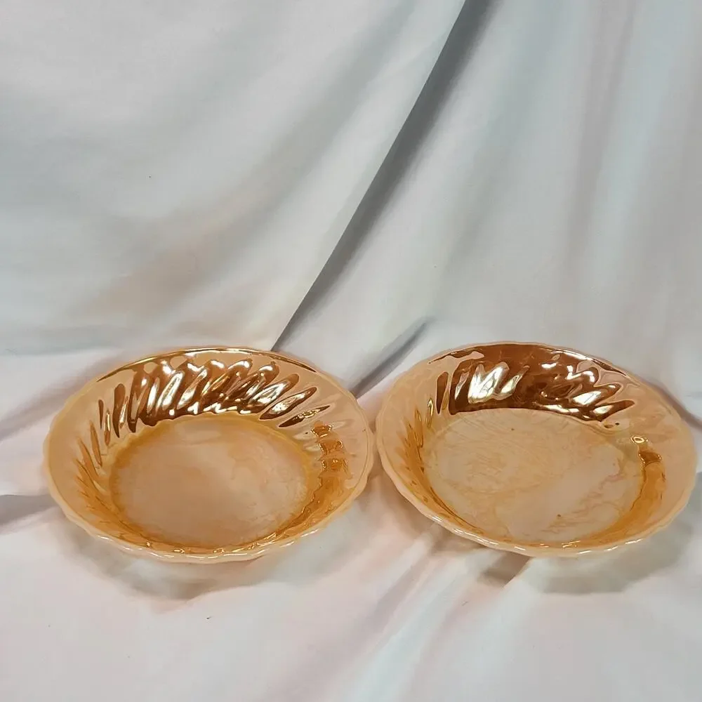 Set of 2 Anchor Hocking Fire King Peach Lustre Shell‎ Swirl Pasta Bowls 8 1/2